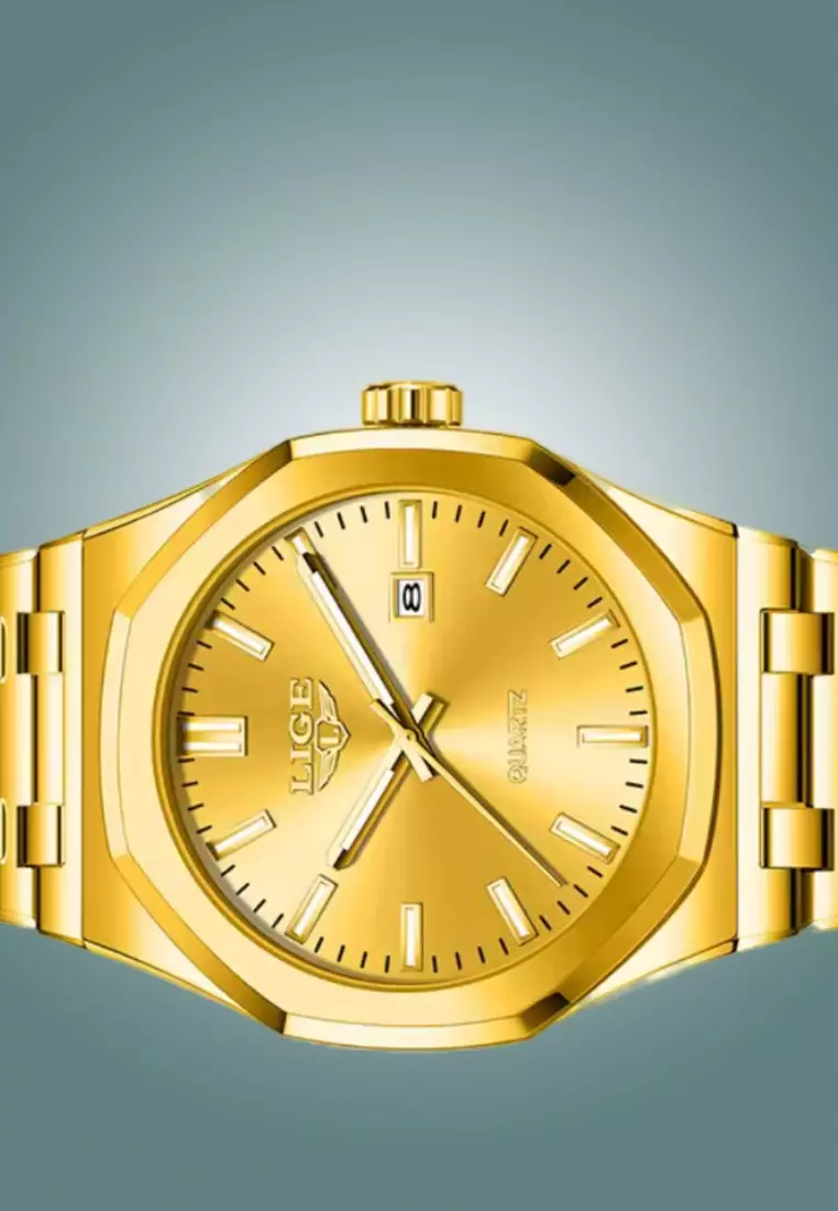 Unisex Gold Color Stainless Steel Quartz Watch, with Date, Gold Color Steel Bracelet