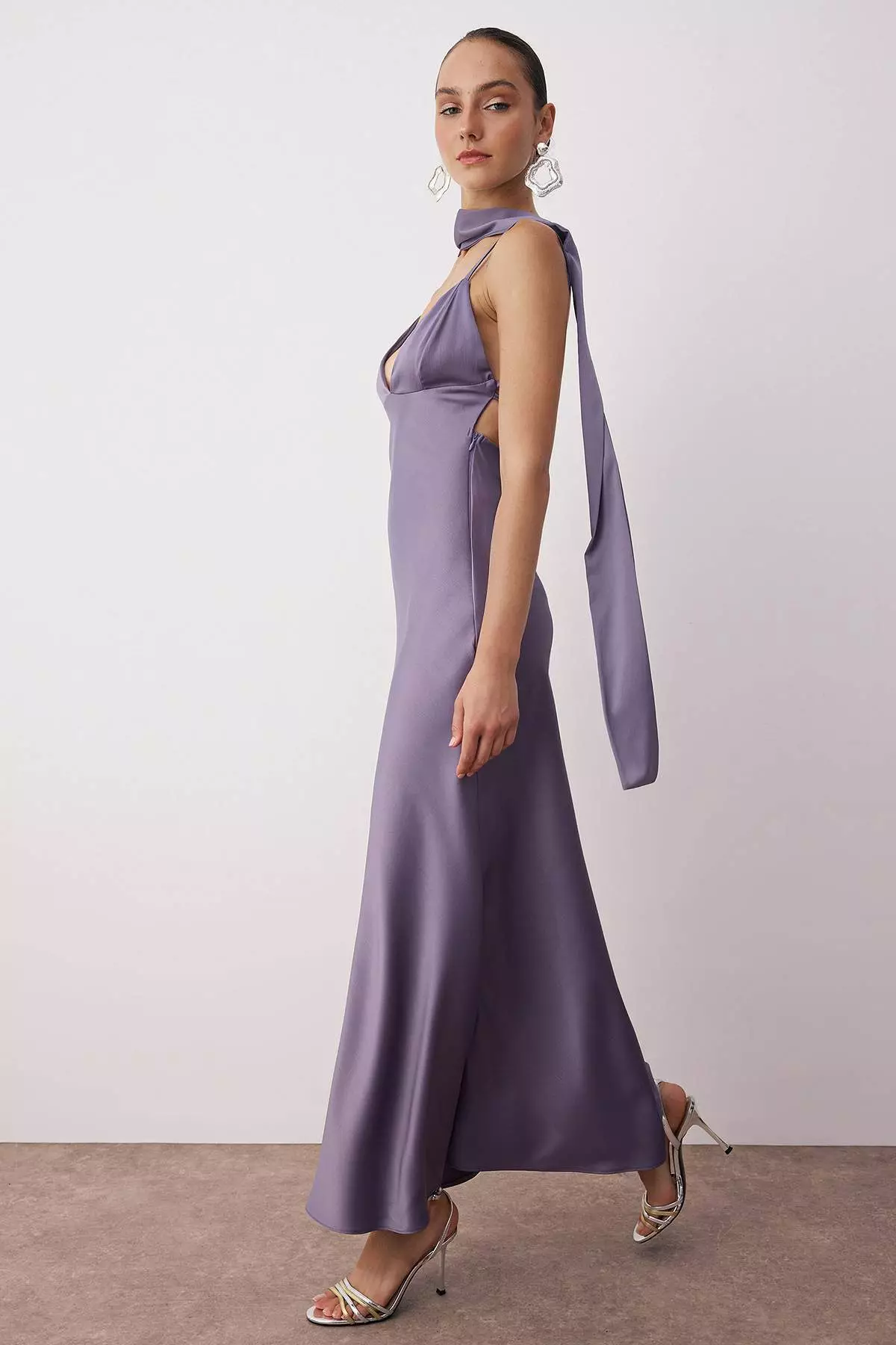 Lilac Shawl Detailed Satin Woven Maxi Evening Night Graduation Dress