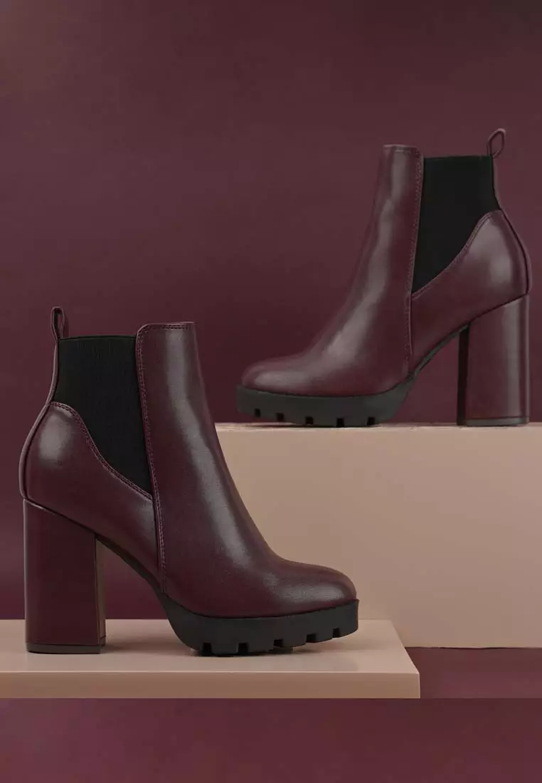 Burgundy Block Heeled Chelsea Boot