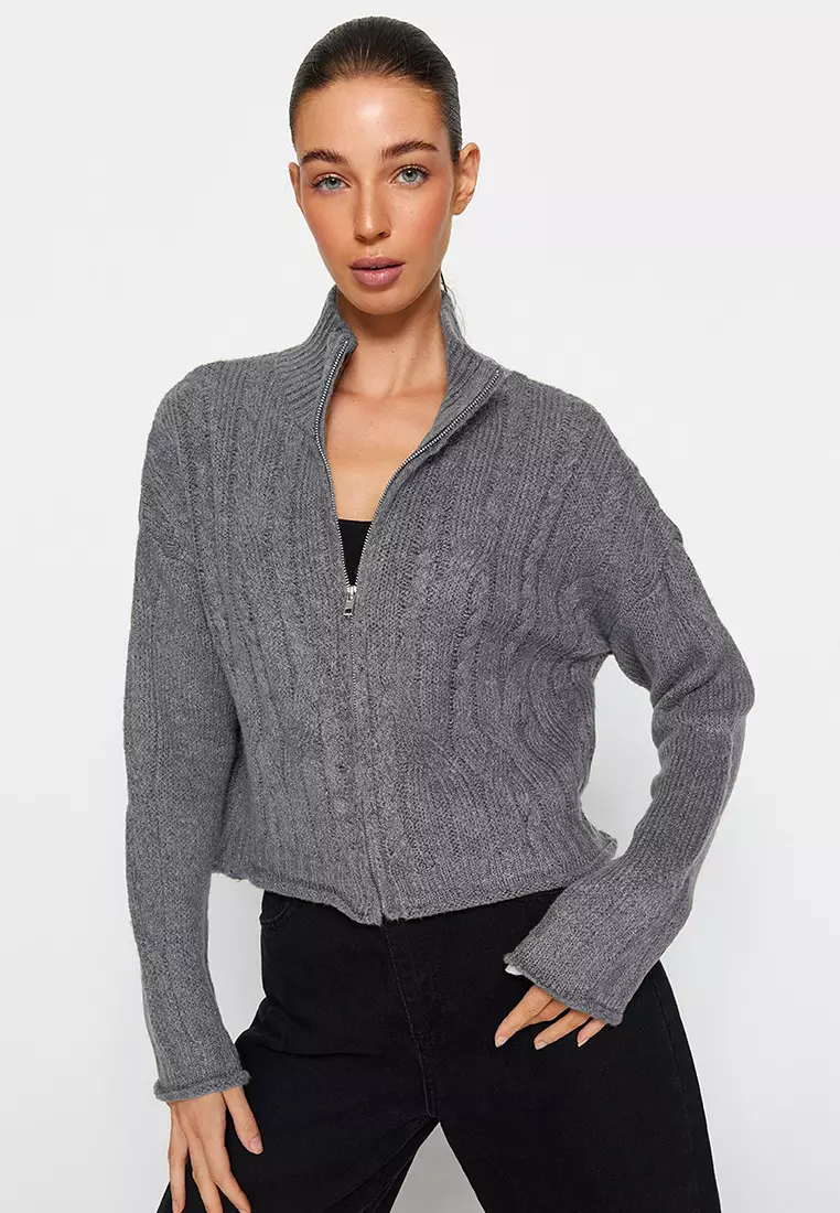 Anthracite Crop Soft Textured Zippered Hair Braided Knitwear Cardigan