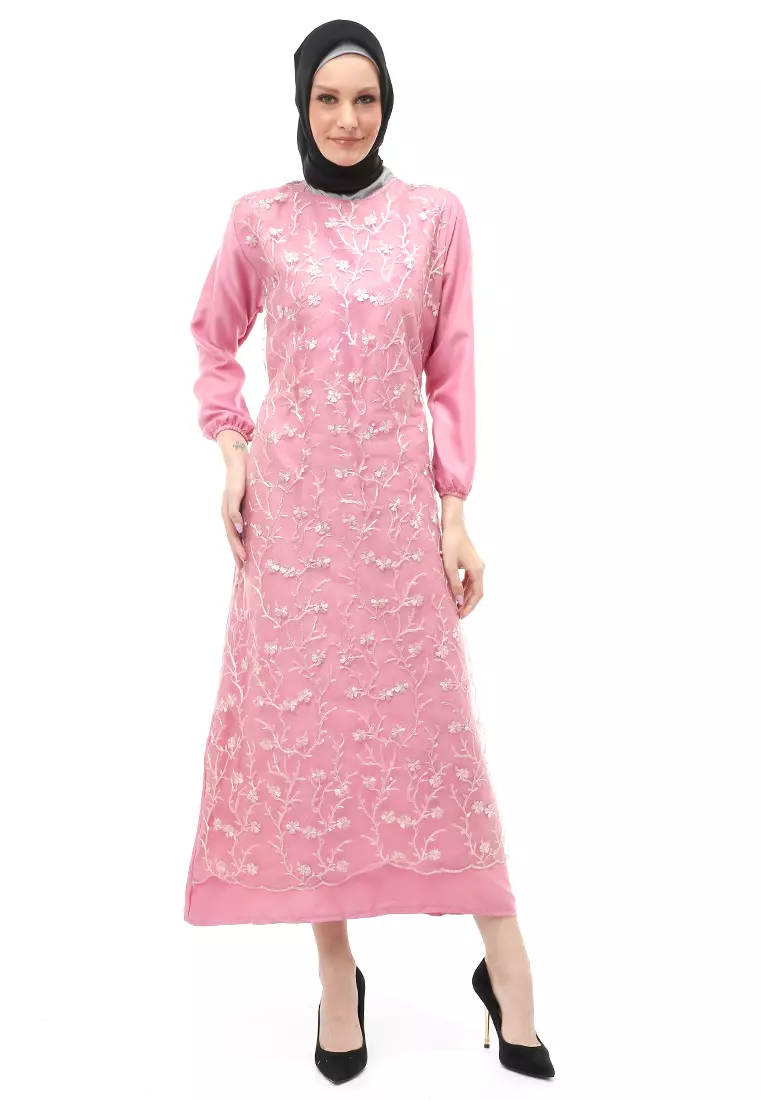 Syakilla Gamis Dress Brukat Wanita Muslimah Relaxed Fit - Pink