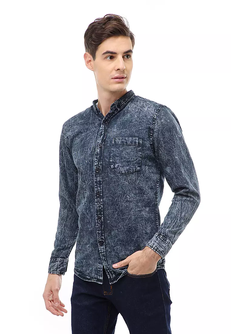 Dwan Atasan Kasual Kemeja Jeans Pria Slim Fit Lengan Panjang Material Denim ORIGINAL - Navy Wash