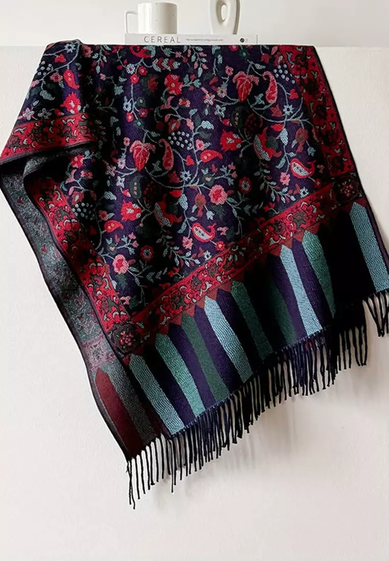 Syal Wanita Reversible Paisley Pattern Cashmere Pashmina Shawl Dusky Garnet