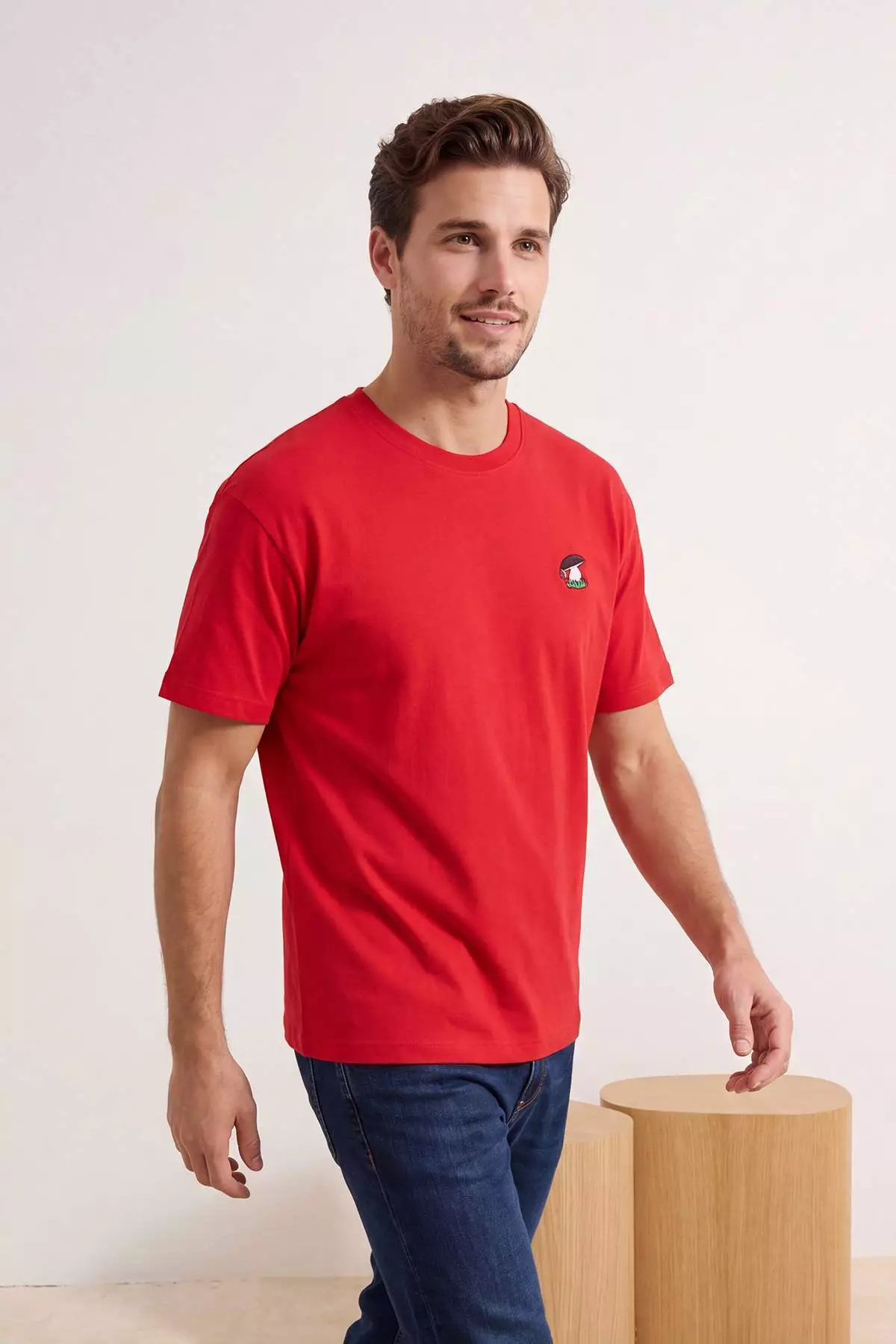 Unisex Red Oversize/Wide Cut Mushroom Embroidered 100% Cotton T-Shirt Tmnss26Ts00047