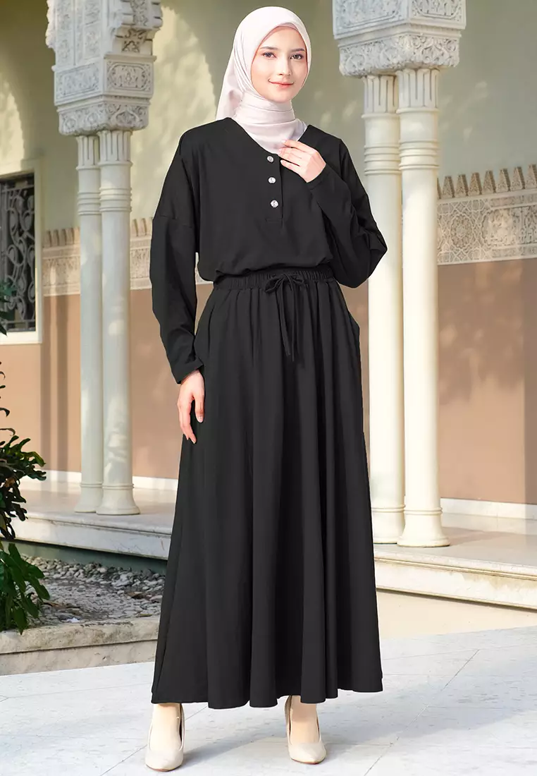 JV Hasanah Set Rok Gamila Rayon Spandex Black | Setelan Rok Rayon Jumbo Busui