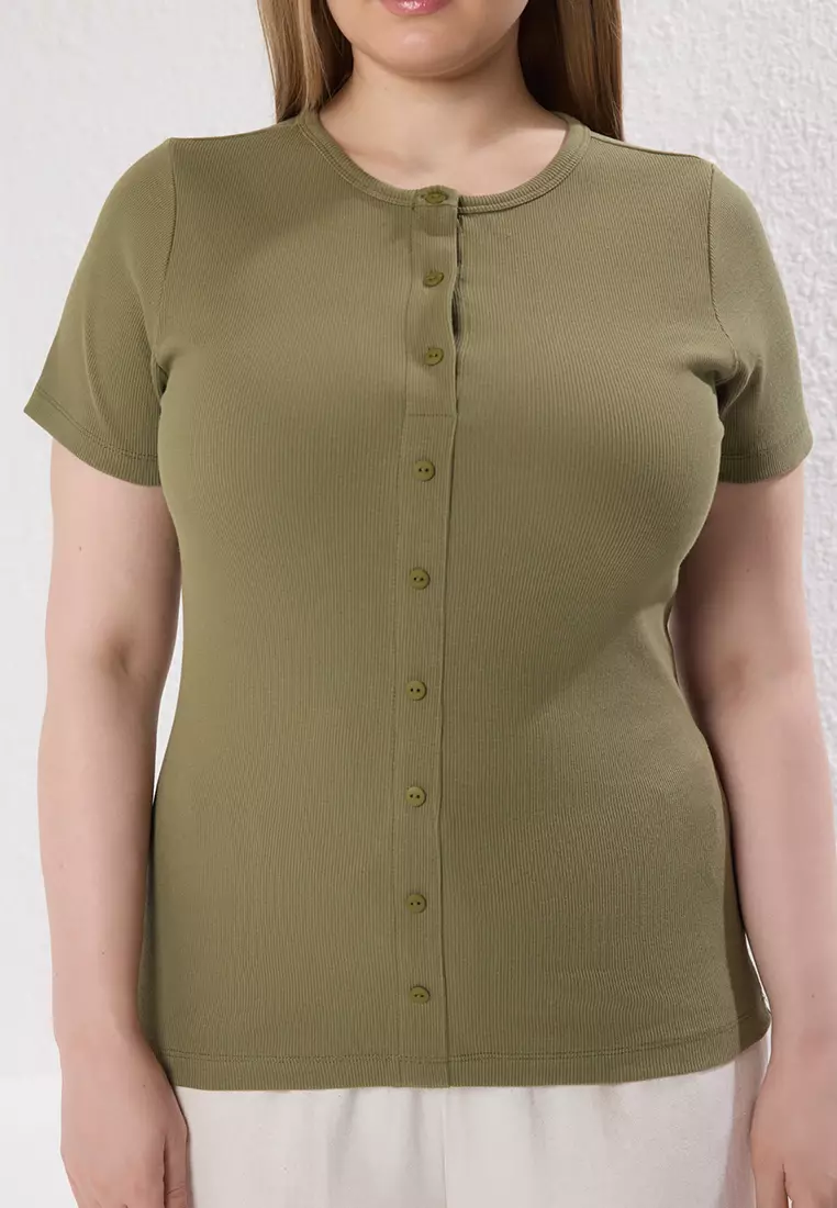 Green Button Detail Fitted Corduroy Knitting Plus Size Blouse TBBSS25AF00060