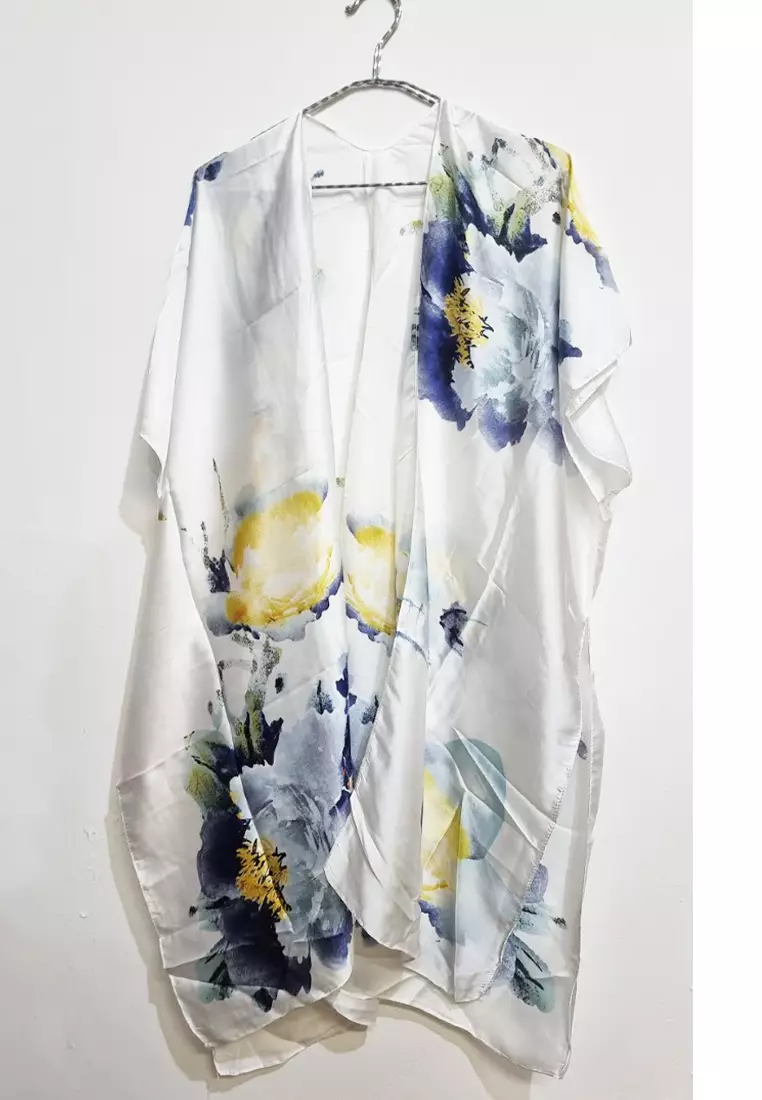 Aksesoris Wanita Water colour Floral Outer Syal Outer Wanita Blue & White