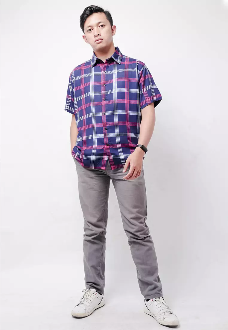 Nade Japan NTB12 Kemeja MKM Men Basic Kotak Navy Pink