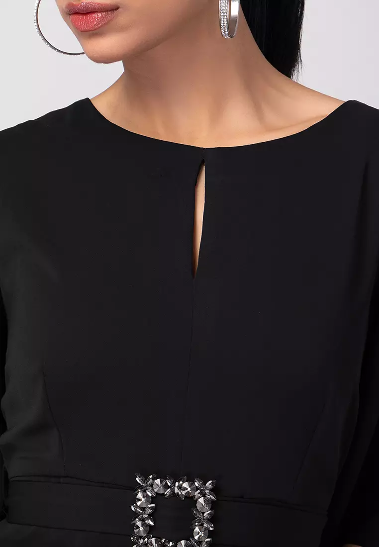 Black Flare Sleeve Jumpsuit with Self Fabric Buckle Belt