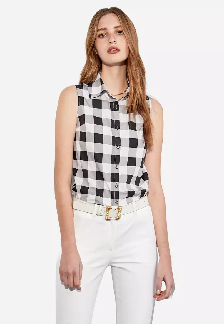 Black White Plaid Button Front Vest