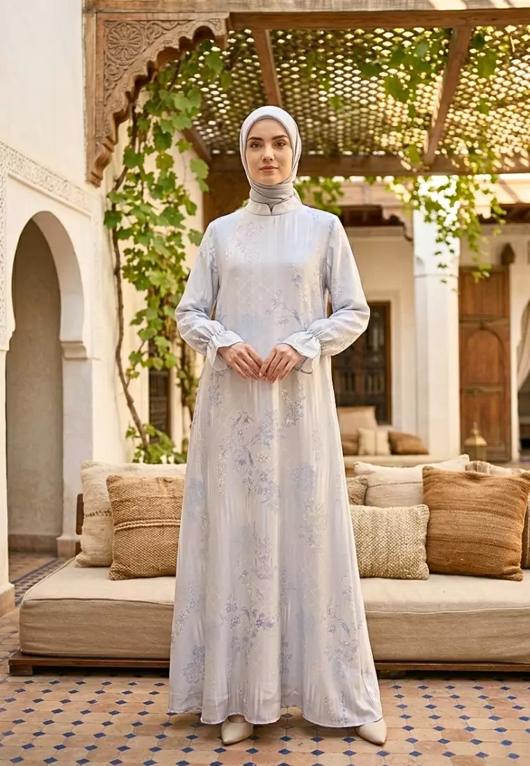 Gamis Lebaran Motif Terbaru Mosleem Kekinian Lengan Karet Warna Soft Blue By Brilliant Girl Warna BIRU