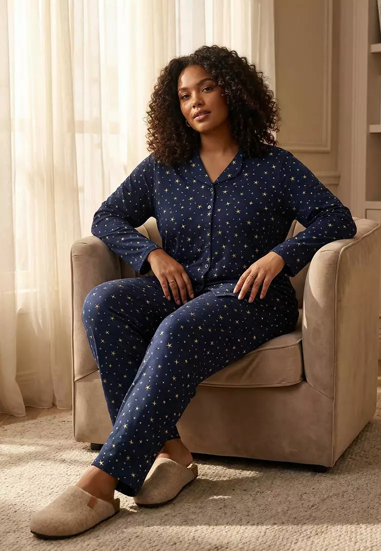 Navy Blue 100% Cotton Galaxy Pattern Shirt-Pants Knitted Pajamas Set Tbbaw26Ai00017