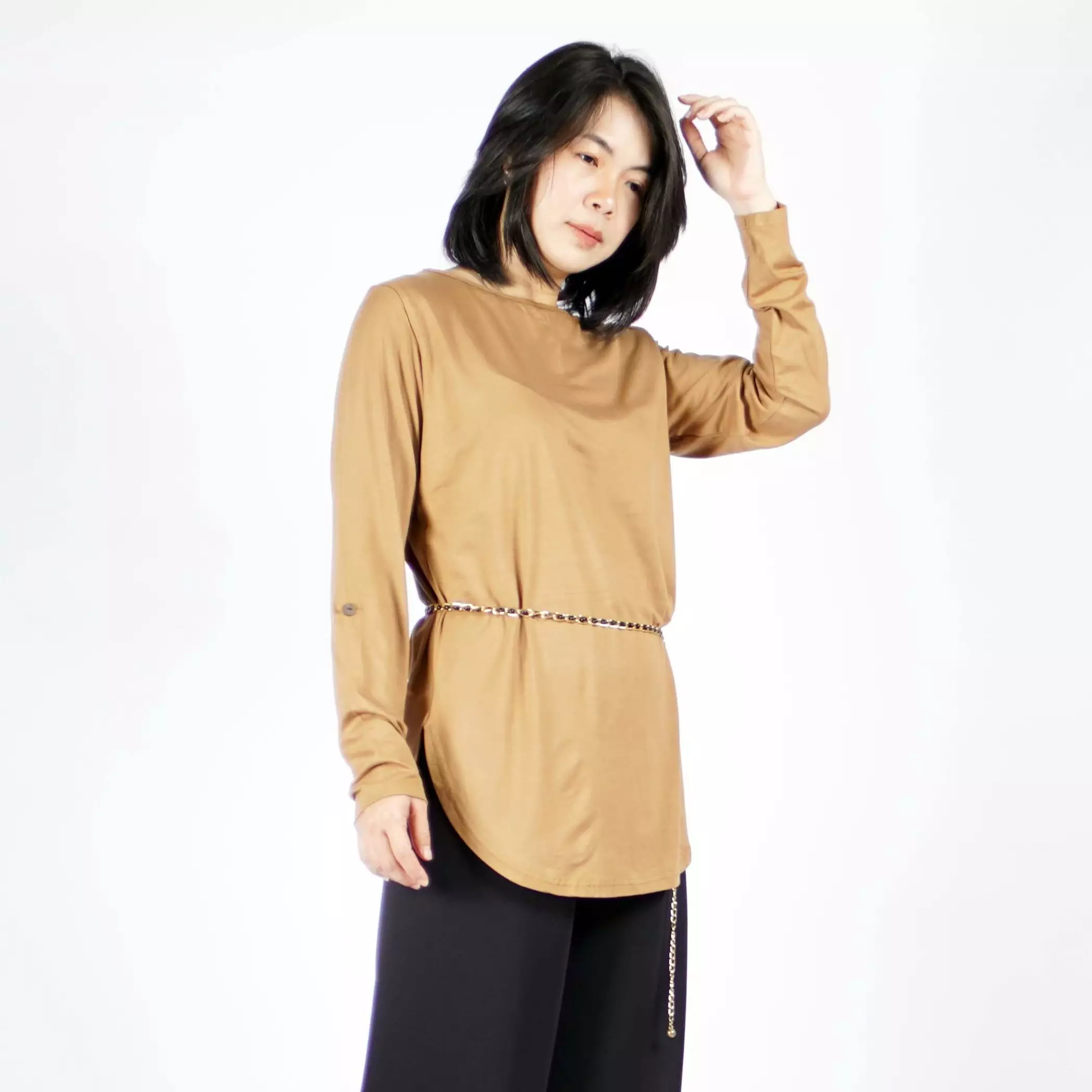 JASMINE TOP Tunik Polos Kaos Lengan Panjang Wanita Oversize TShirt - Coklat Pemda