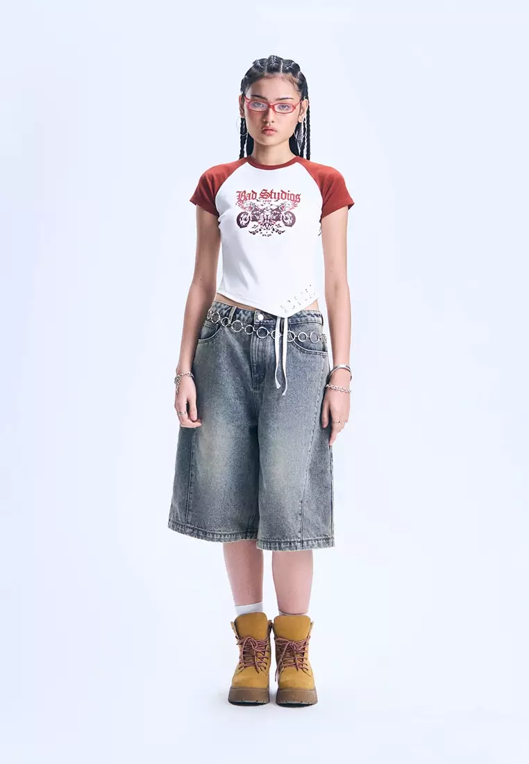 Asymmetric Raglan Slim Cropped T-Shirt