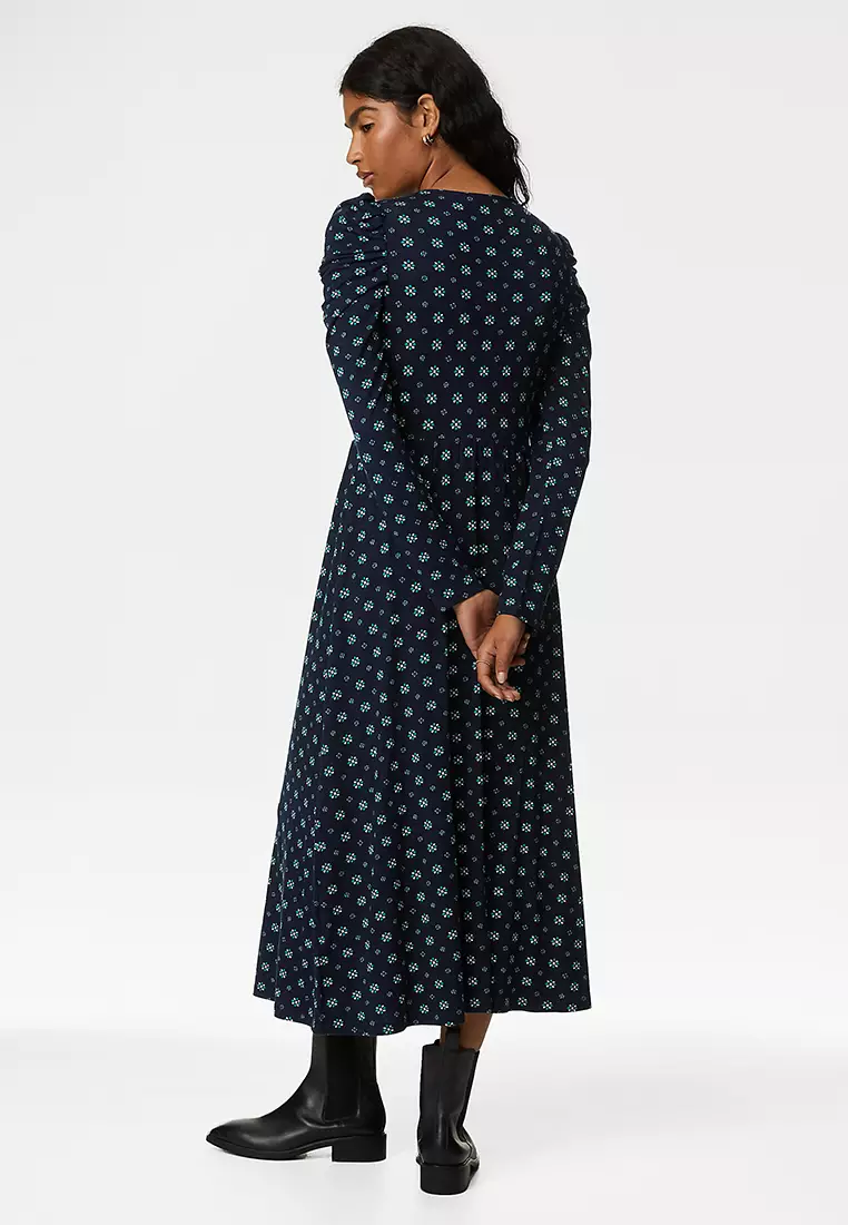 Jersey Printed Tie Neck Midi Column Dress