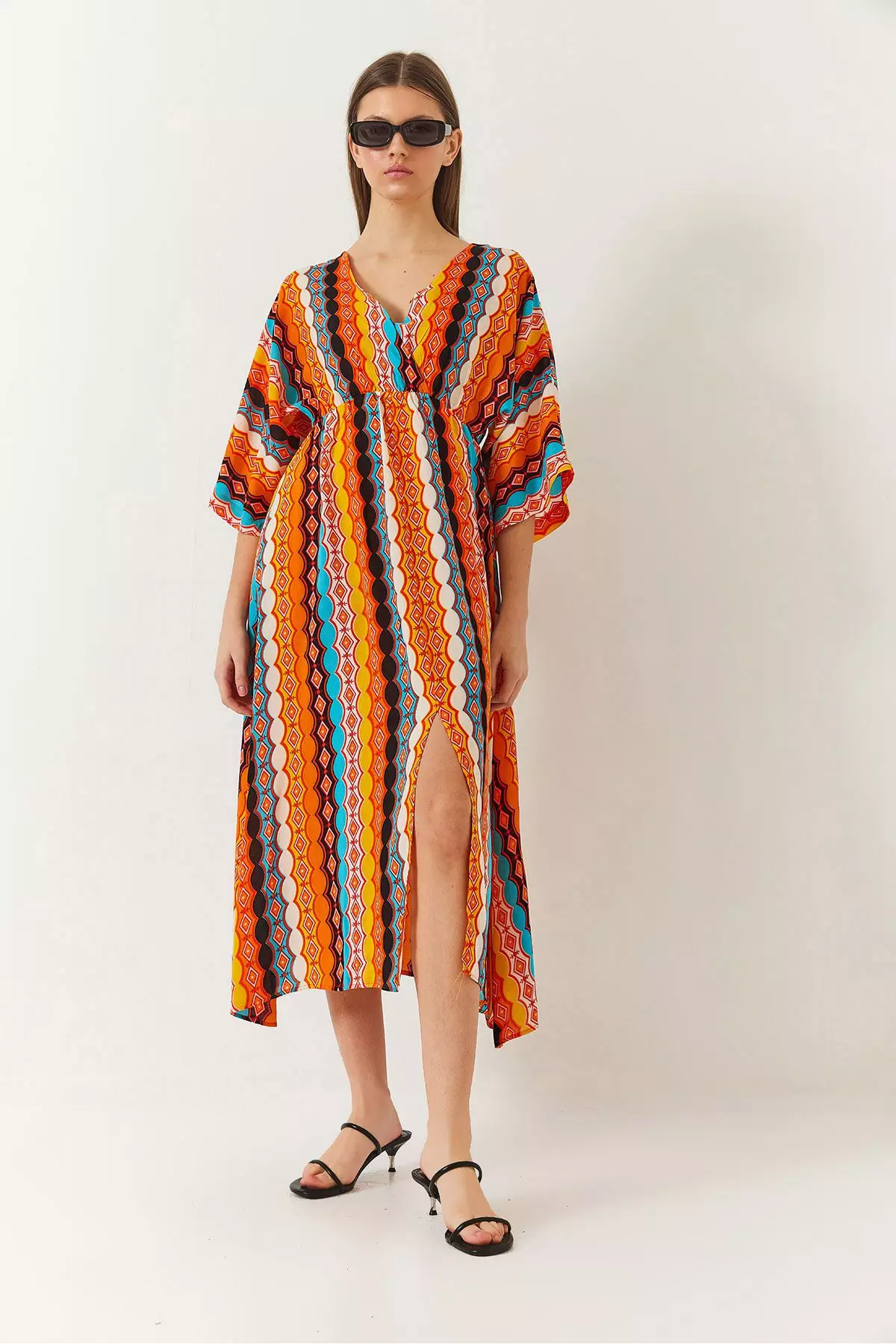 Women's Double Breasted V Neck Front Slit Detail Print Dress 60261411