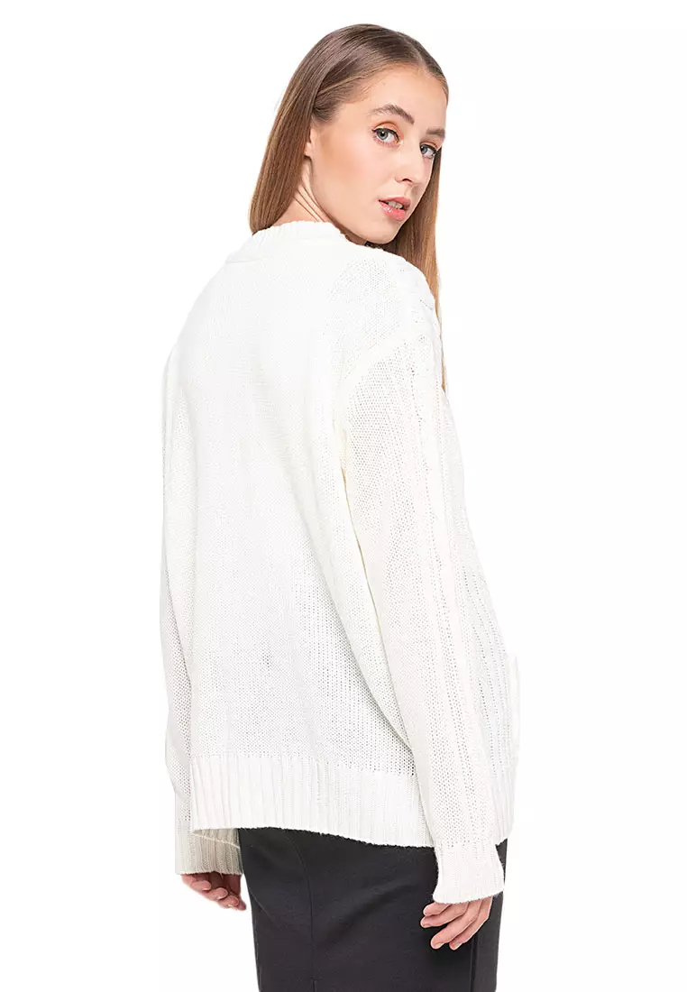 Winifred Kardigan Cable Atasan Wanita Long Sleeves Oversize Relaxed Fit - Off White