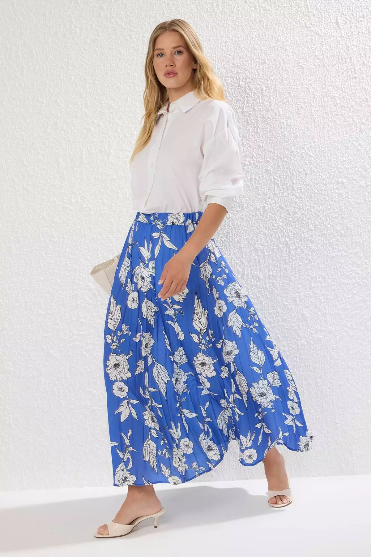 Dark Blue Floral Patterned Pleated Woven Skirt With Elastic Waist Tctss23Ee00018
