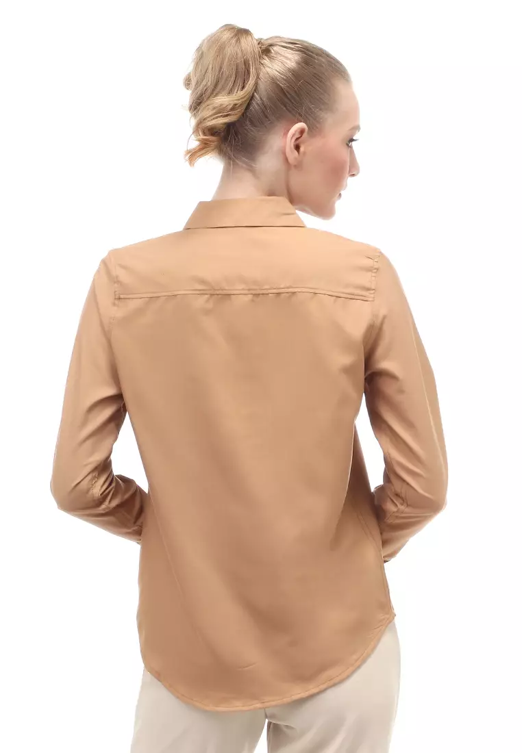 Kemeja Long Sleeves Atasan Wanita Motif Solid Shirt - Brown