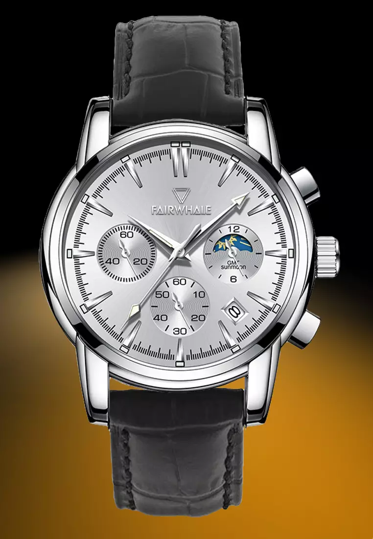 MarkFairwhale®中性不銹鋼計時碼石英表，銀盤，40mm，黑色皮革錶帶