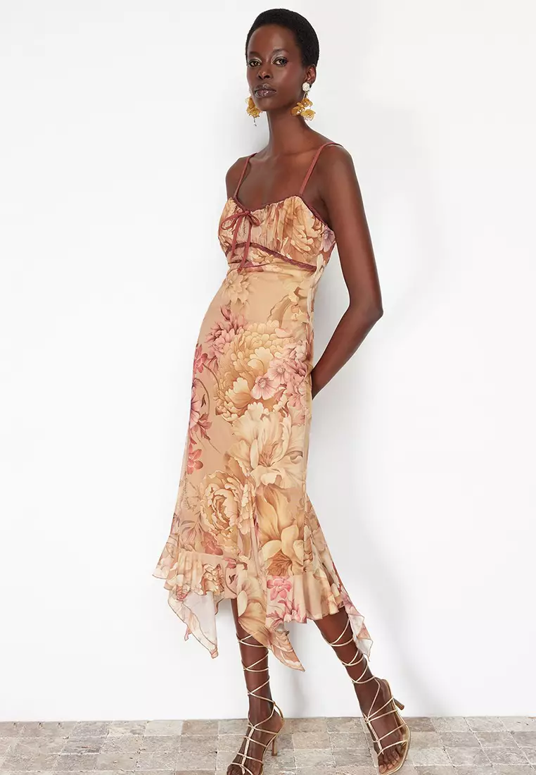 Multicolored A-Line Floral Patterned Ruffle Knitted Tulle Dress TPRSS24EL00133