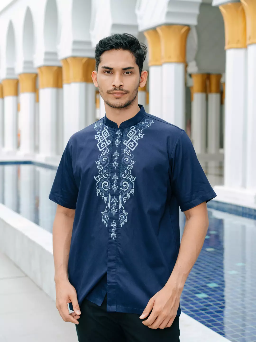 Adyatma Baju Koko Bordir Pria COTTON COMBED TWILL Navy Blue Regular Fit Baju Muslim Pria Lengan Pendek