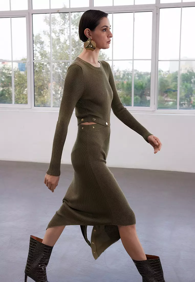 Limited Edition Khaki Mercerized Look Midi Knitted Snap Detail Dress TWOAW25EL00363