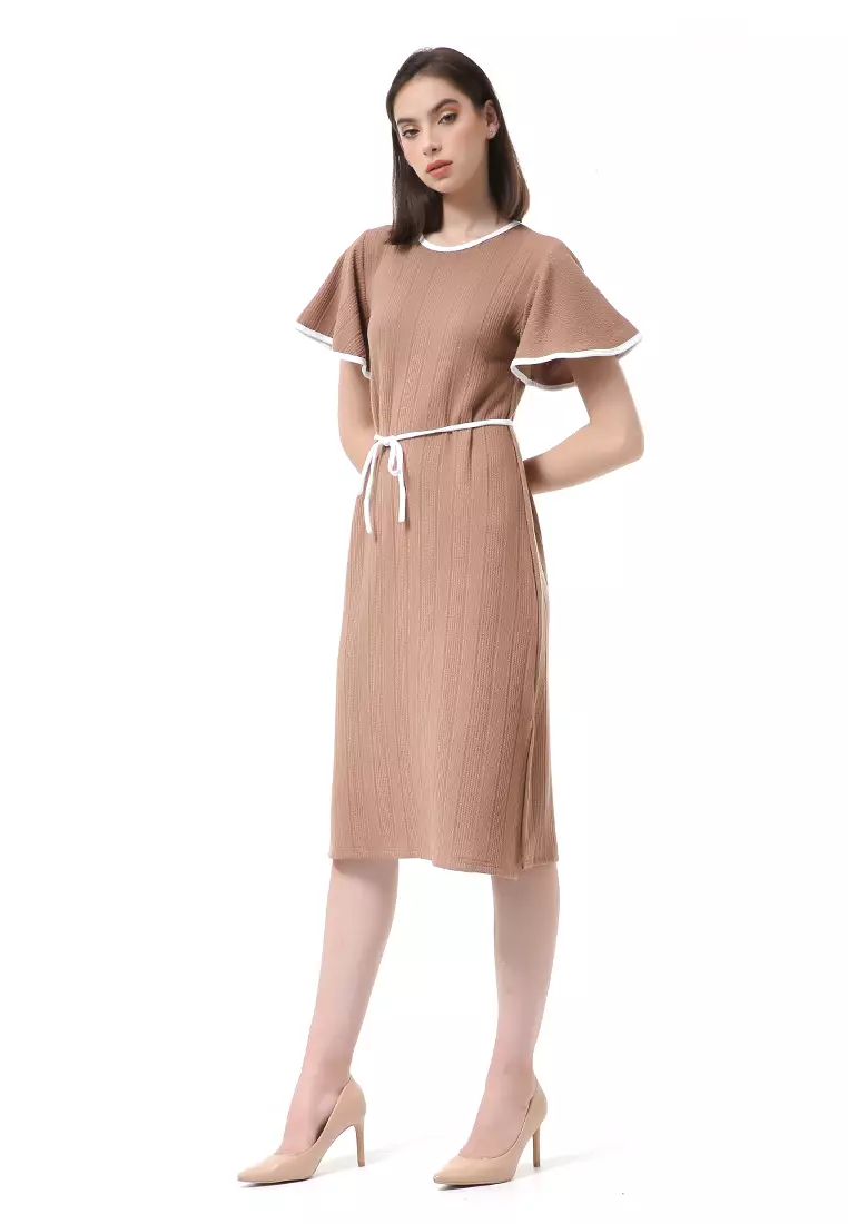 Rachel Dress Wanita Lengan Pendek Model Tali Pinggang Plain Motive Material Curly Kinit ORIGINAL - Brown