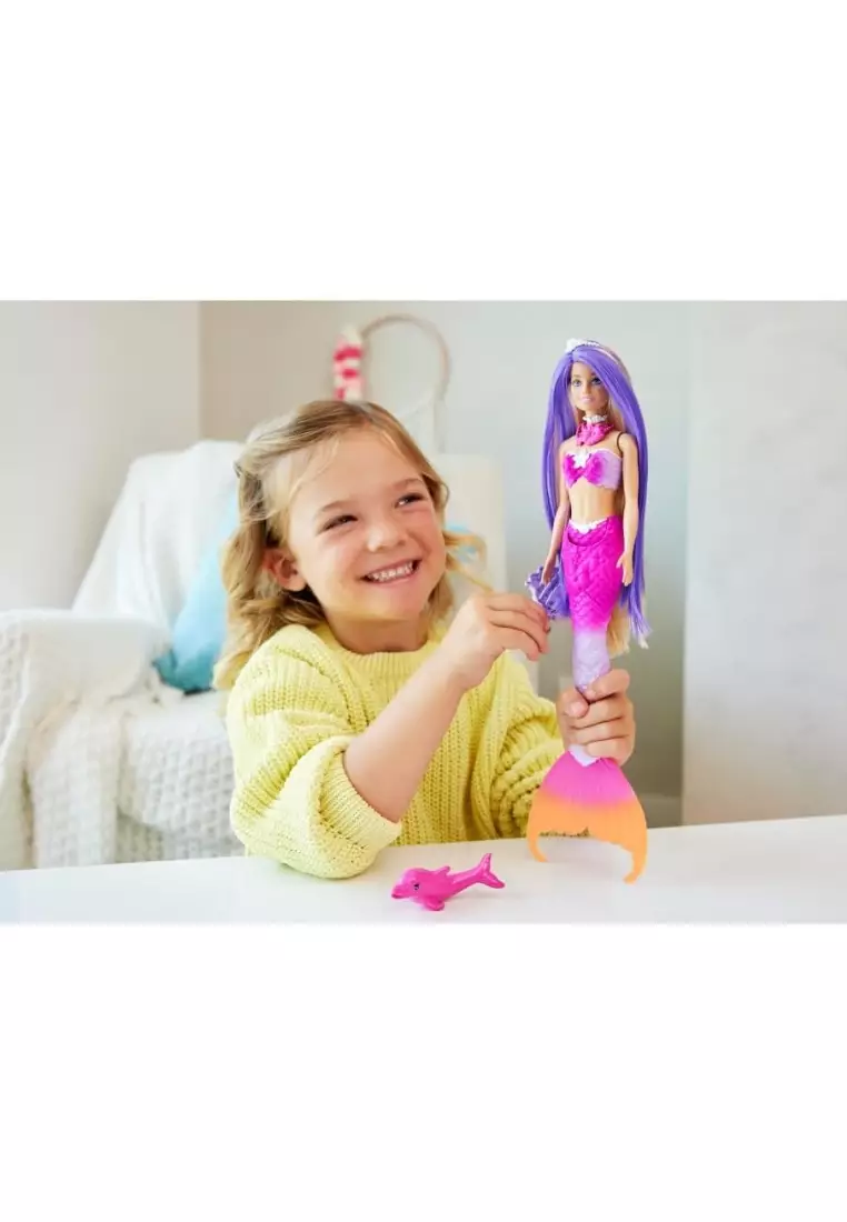 Barbie Mermaid Doll, “Malibu” with Pink Hair, Styling Accessories, Pet Dolphin and Water-Activated Color Change Feature