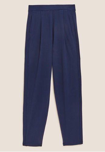 MARKS & SPENCER blue M&S Jersey Pleat Front Tapered Trousers 22230AAFCE62ECGS_1