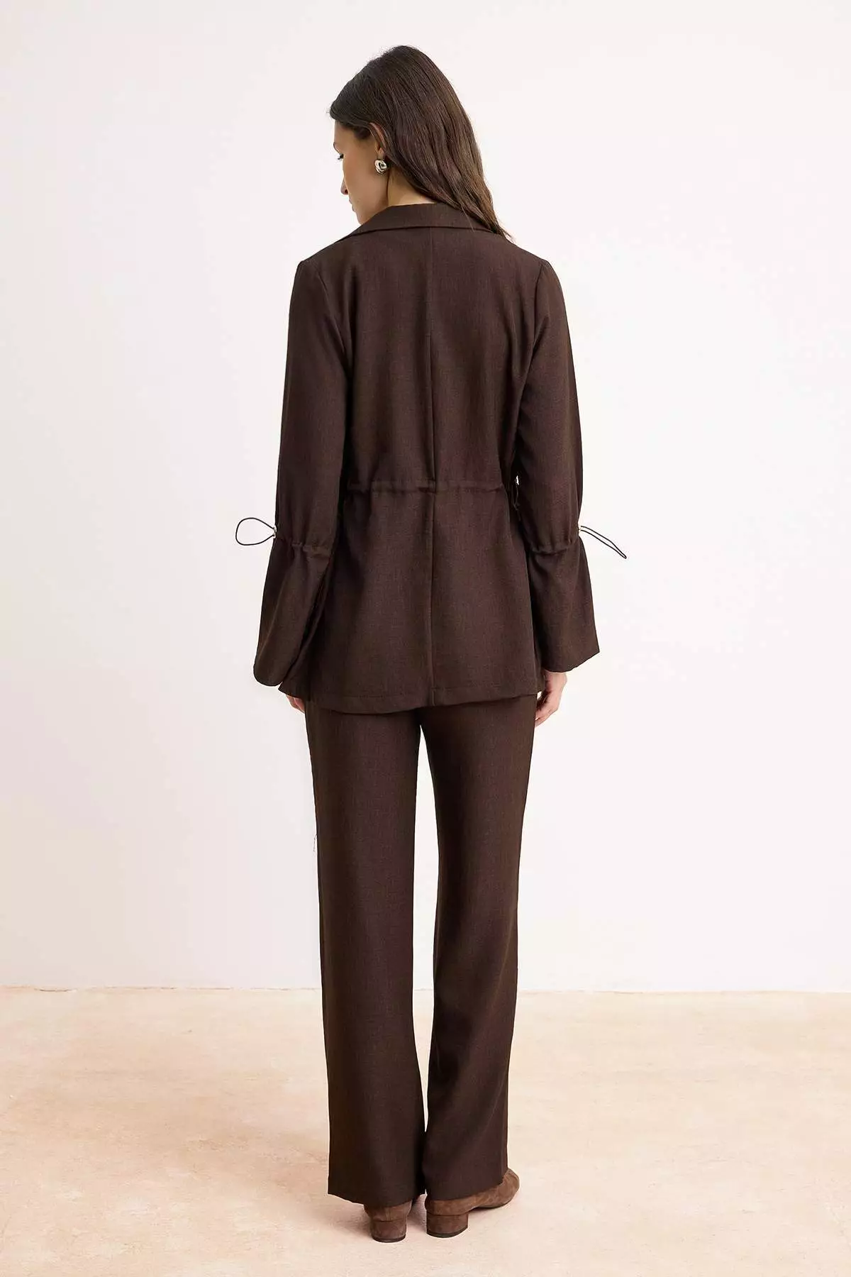 Brown Linen Mixed Beli Ruched Detail Tunic Pant Bottom - Top Set Tctss26Us00030