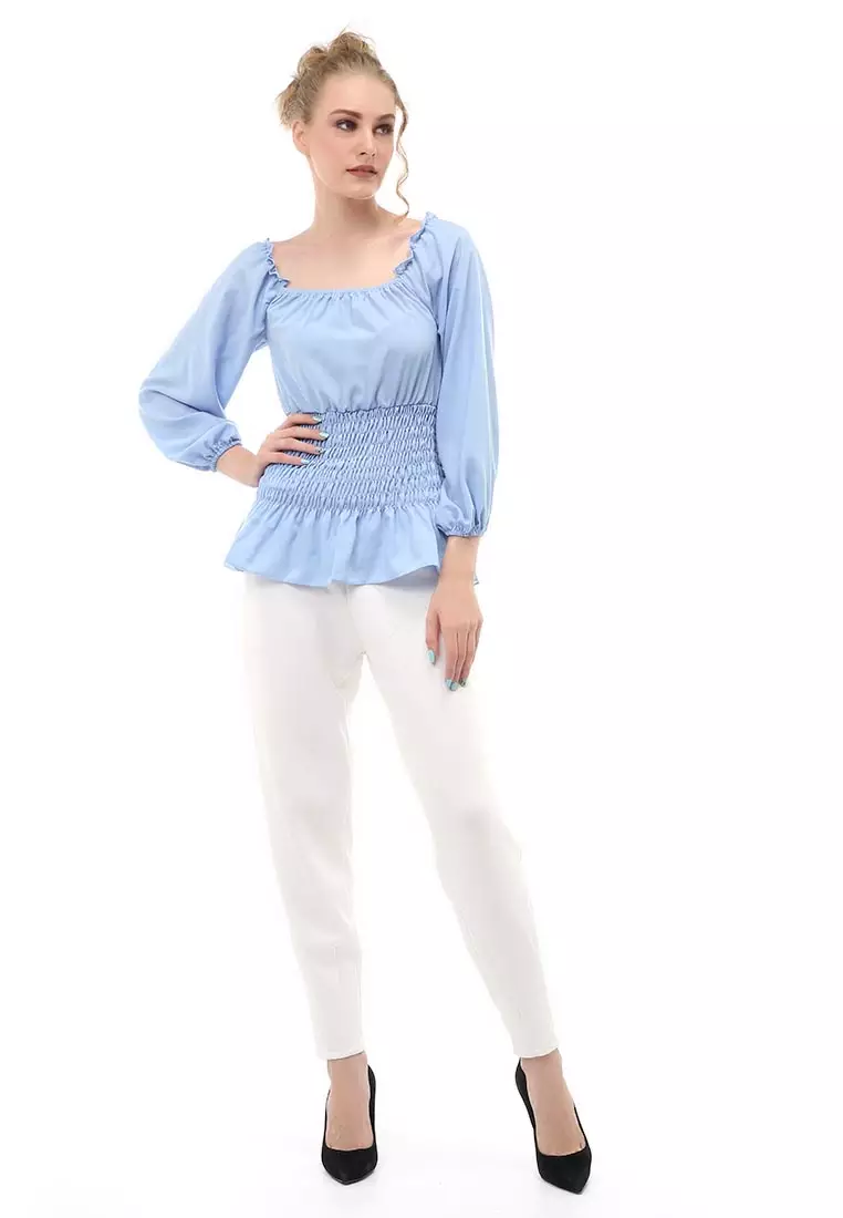 Cheva Blouse Atasan Wanita Sabrina Karet Pinggang Lengan Panjang Casual Shirt Long Sleeve Material Wolfis ORIGINAL - Blue