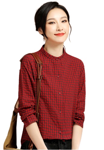 A-IN GIRLS red Vintage Checkered Stand Collar Blouse 4D11BAA214B89EGS_1