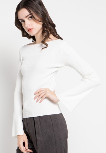 Split Long Bell Sleeves Knit Blouse W/ Siver Button