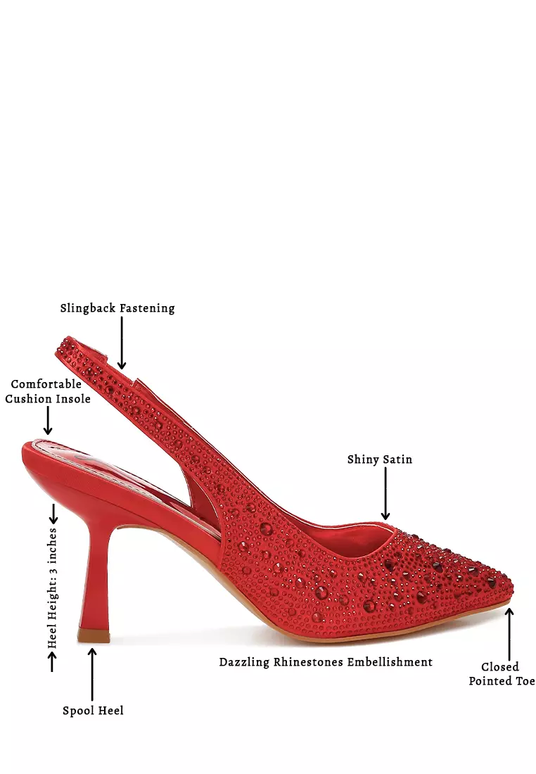 Luxurious Satin Pearl Slingback Sandals in Red