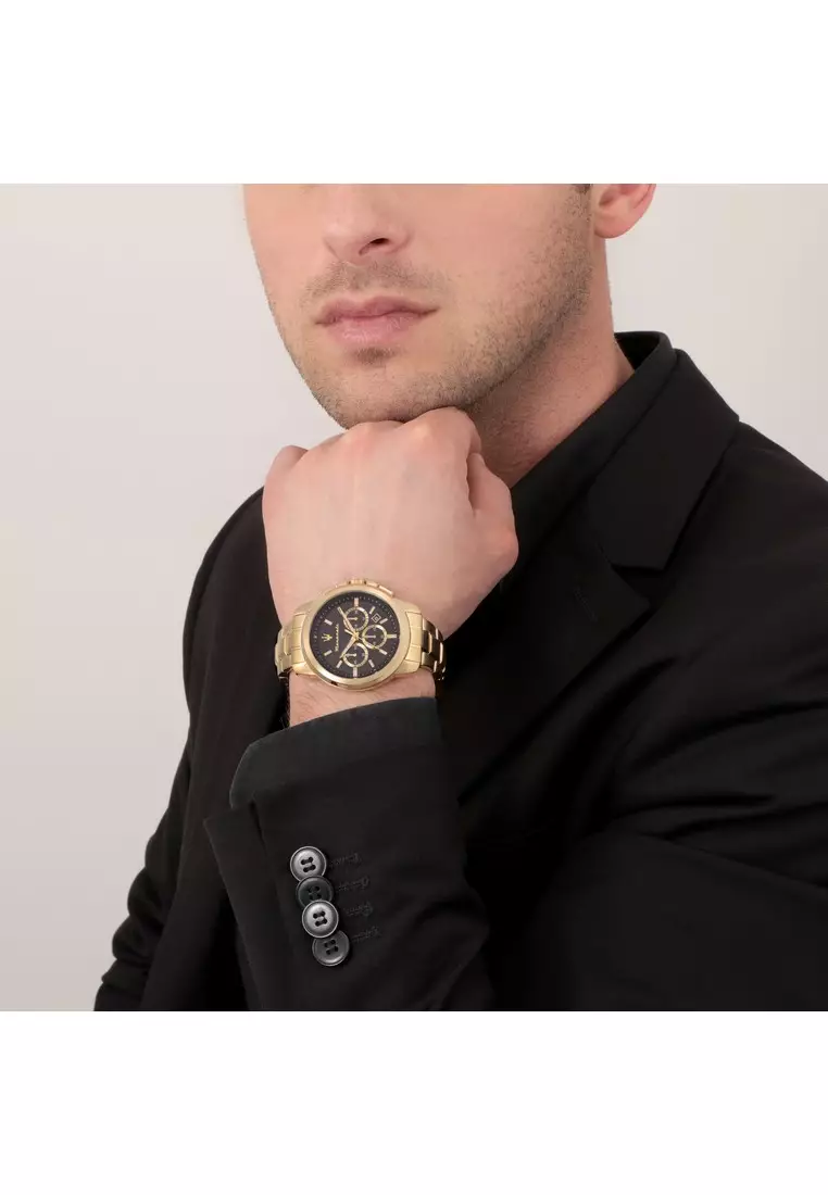 【2 Years Warranty】Maserati Successo -  44mm Black Dial Gold Stainless Steel Strap Men's Chronograph Quartz Watch R8873621013 With Luminous Dial Hands