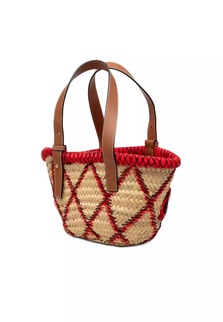 Pre-Loved Loewe Small Raffia Animal Embroidered Basket Tote