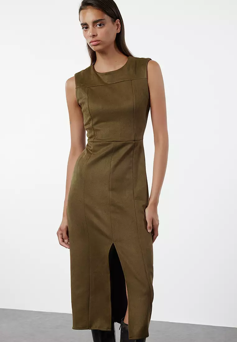 Khaki Plain Woven Dress TWOAW24EL00321