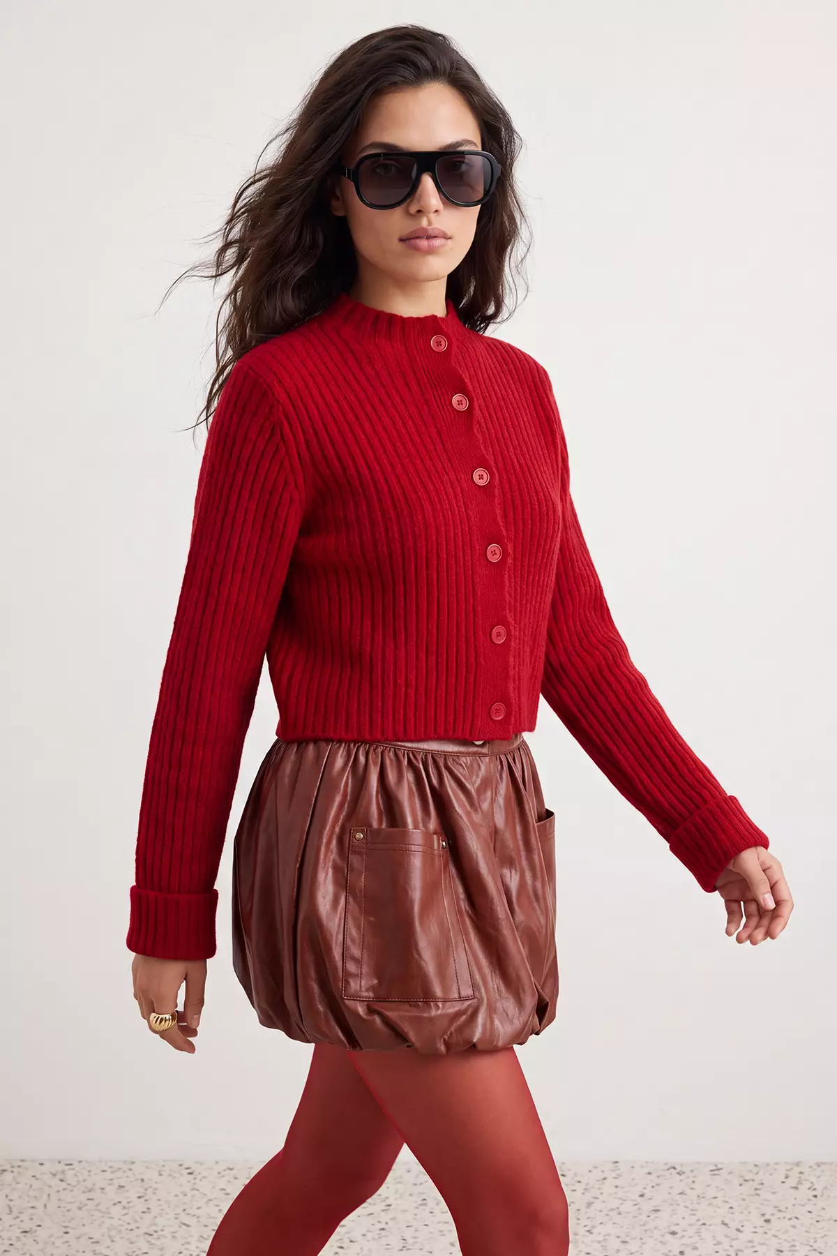 Red Crop Soft Textured High Neck Knitwear Cardigan Twoaw22Hi0174