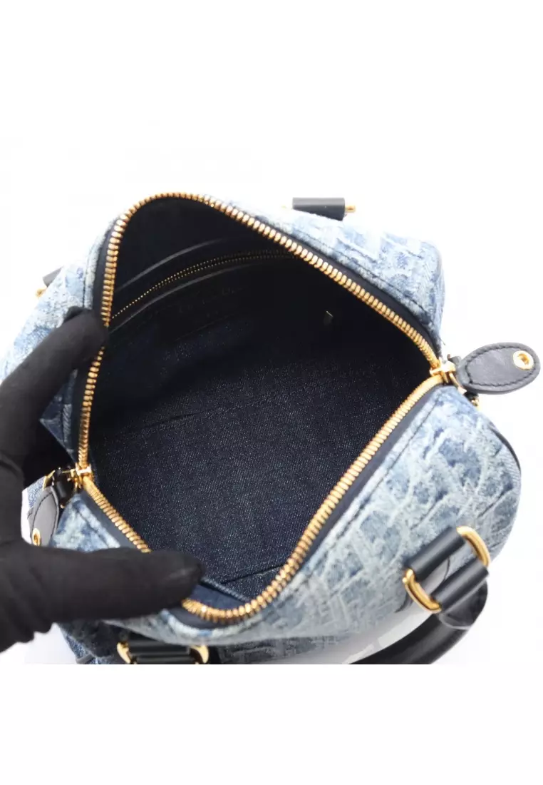 Pre-Loved Christian Dior Groove 20 groove Small oblique jacquard Handbag denim leather Indigo blue Navy 2WAY