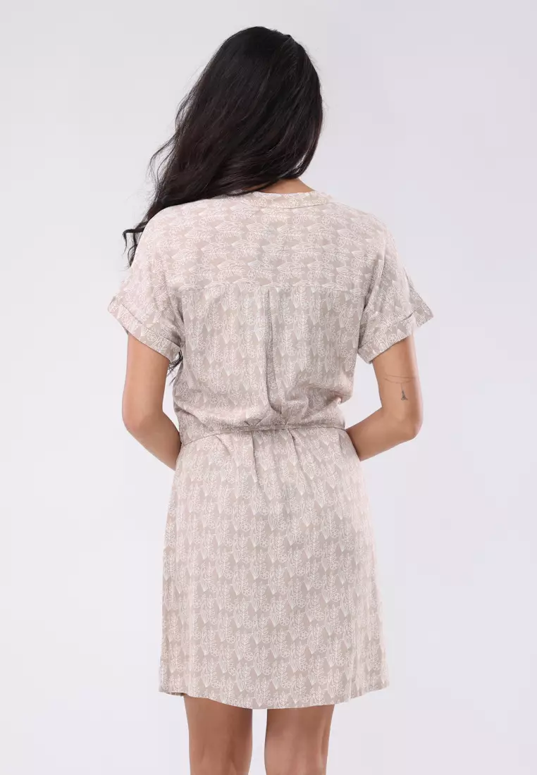 Printed Soft Linen Short Sleeves Chinese Collar Dress