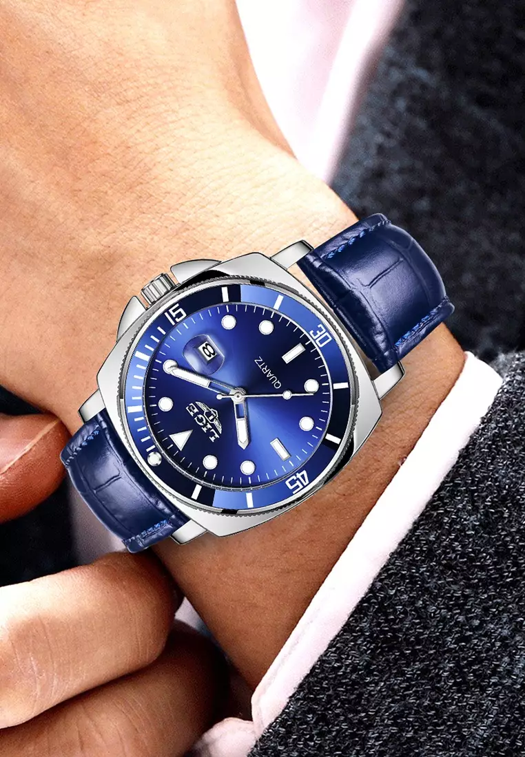 Unisex Classic Diver's Stainless Steel Quartz Watch with turning Bezel, Leather Strap