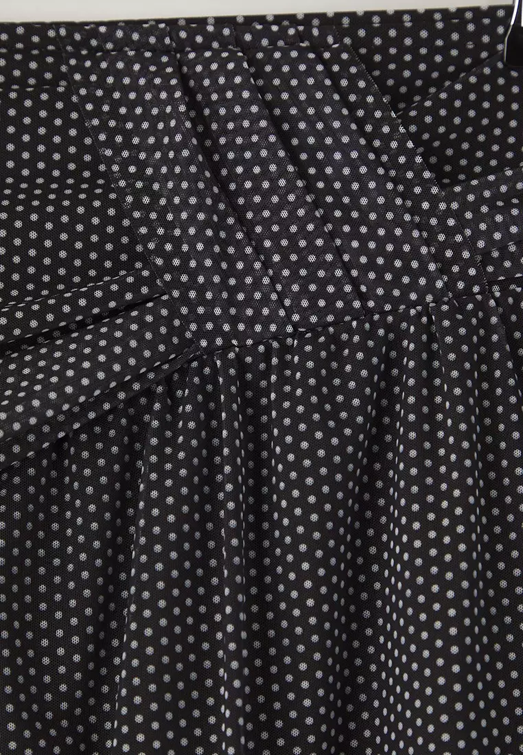 Black Polka Dot Patterned Pleated Waist Mini Tulle Knit Plus Size Skirt