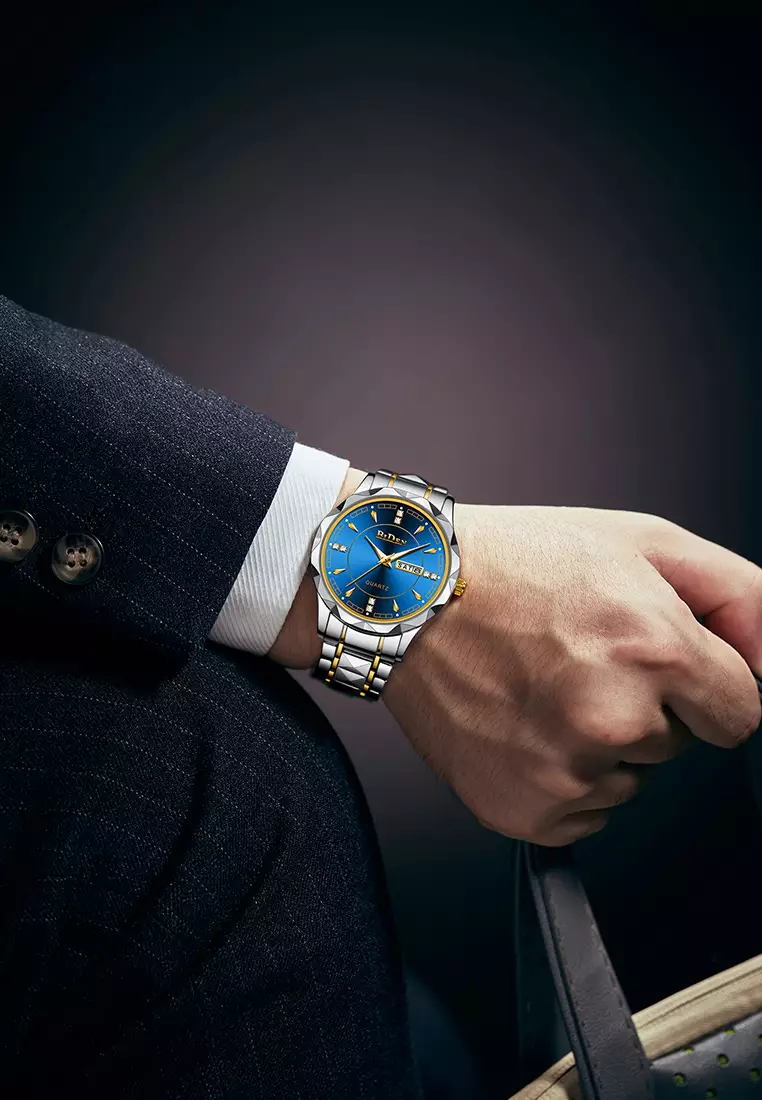 Jam Tangan Pria Anti Air Original Cowok Kalender Bercahaya Analog Luminous Stainless Steel Men Watch Biru