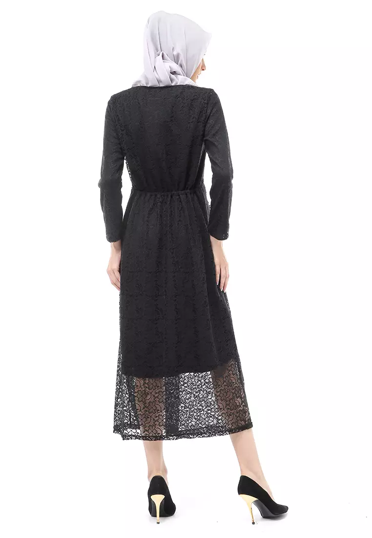 Alveera Gamis Brukat Muslimah Long Dress Regular Fit - Hitam