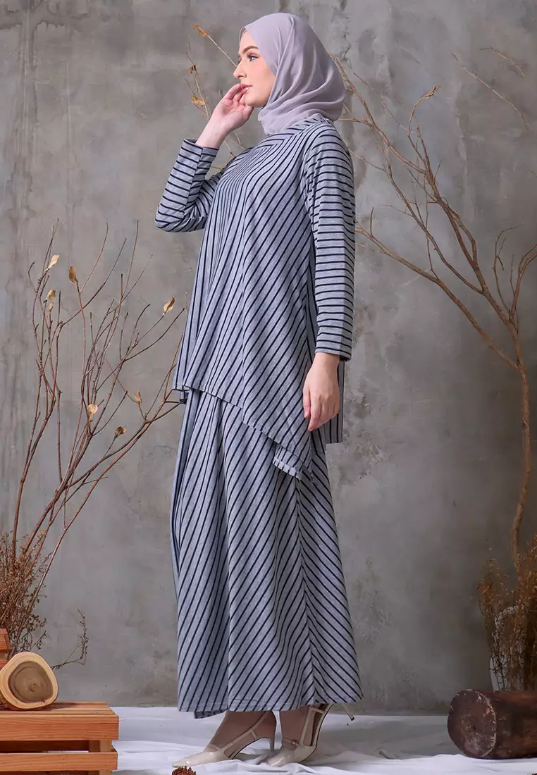 JV Hasanah Oneset Simple Stripes Grey | Setelan Rok Salur Layer Kanan Kiri