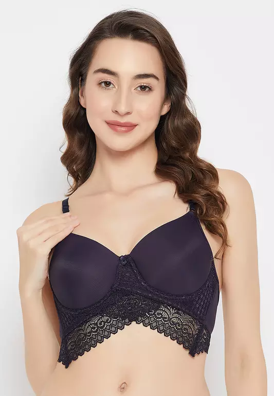Clovia Padded Underwired Full Cup Longline Bralette in Navy