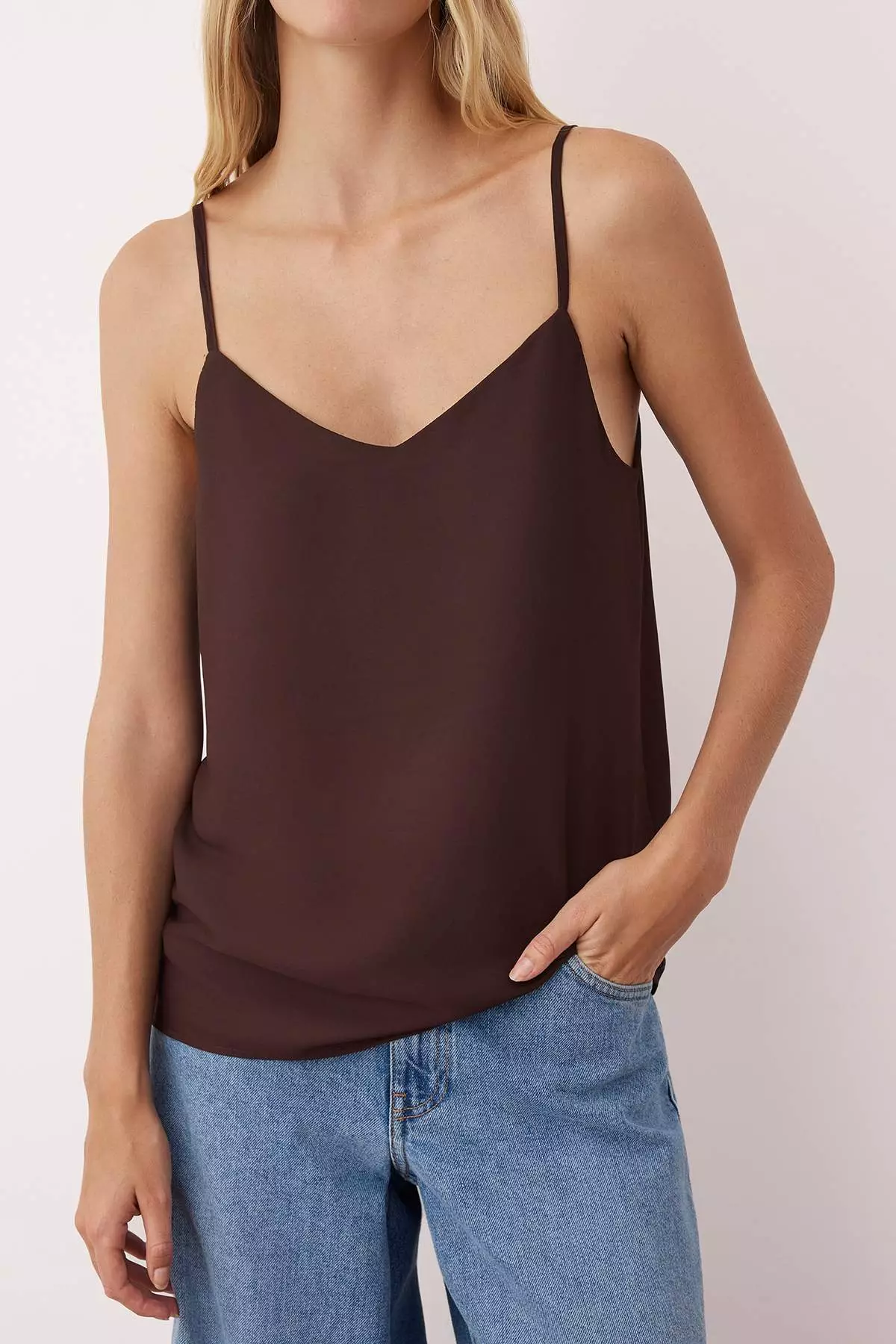 Dark Brown Basic Strappy Woven Blouse Twoss19Bb0224