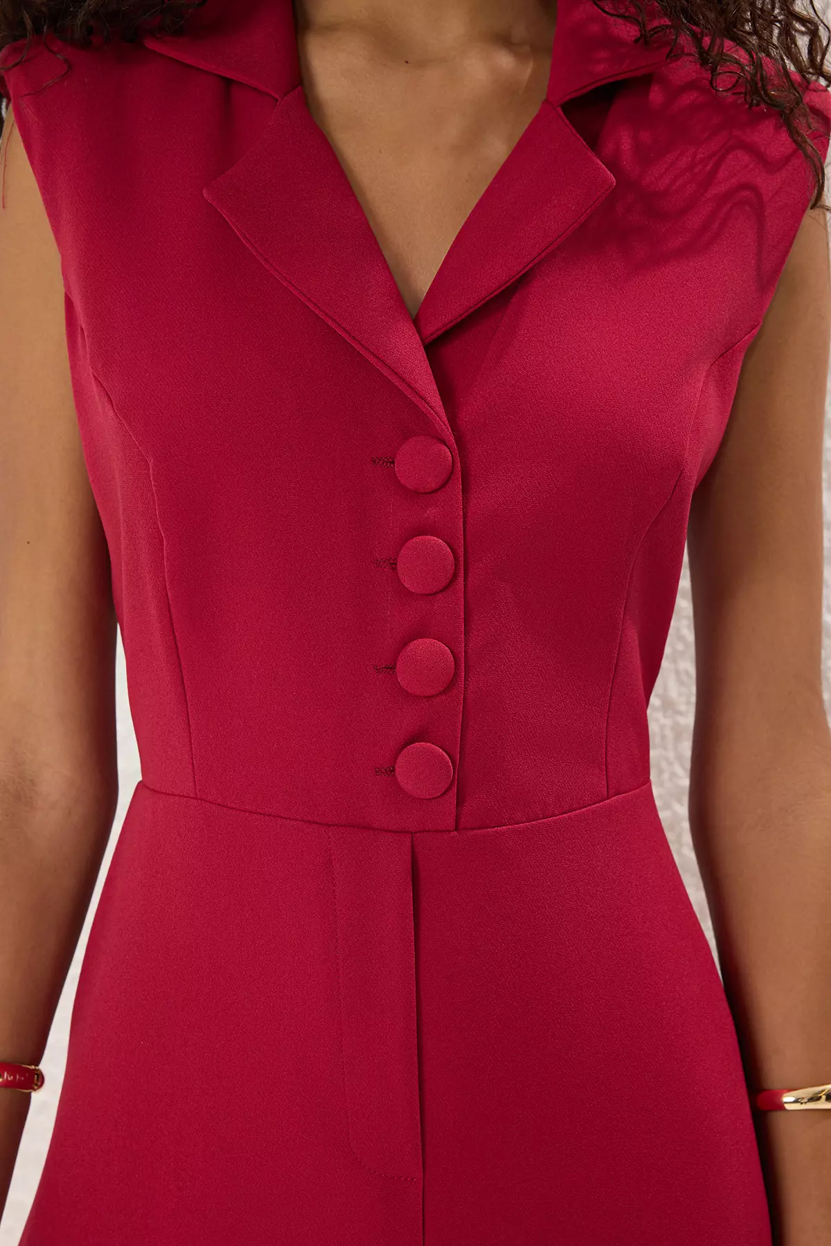 Dark Jacket Collar Button Detailed Woven Jumpsuit