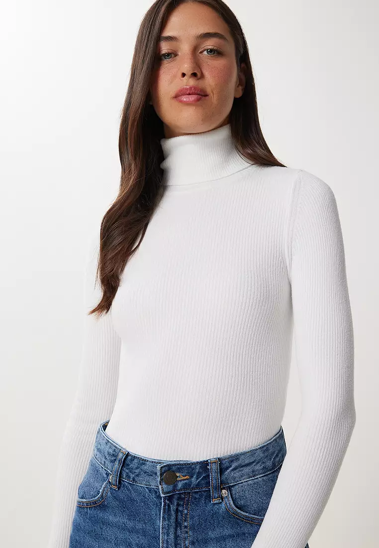 Women's White Turtleneck Stretchy Ribbed Sweater Ns00460